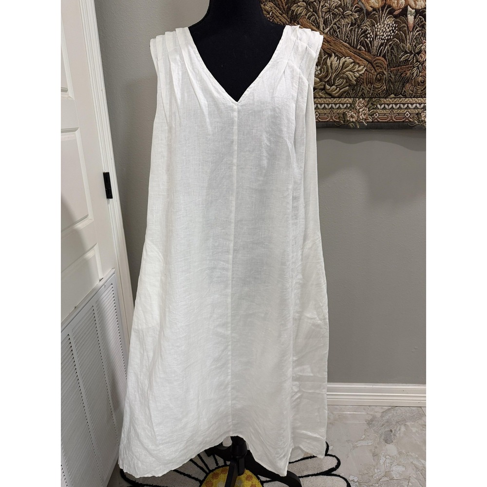 Magaschoni Large White Linen V Neck Sleeveless Midi Trapeze Pockets Sundress